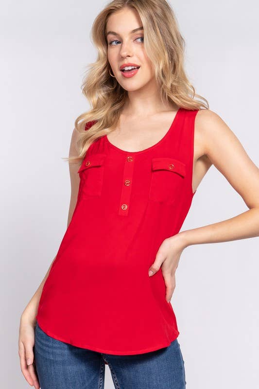 Sleeveless Scoop Neck Buttoned Pocket Woven Top
