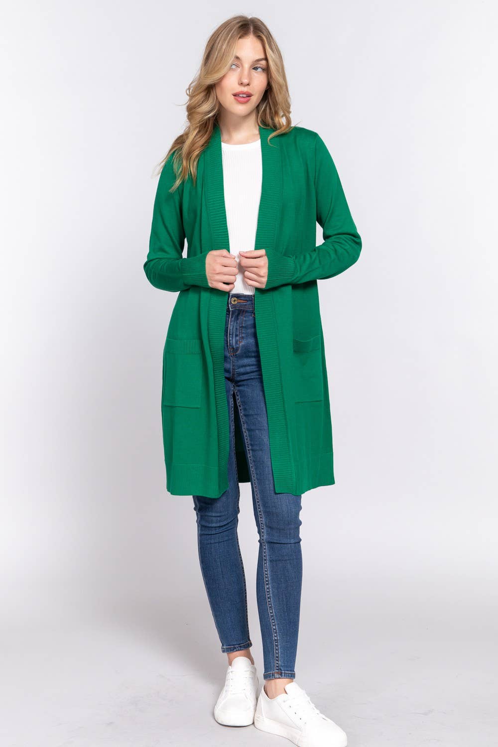 Long Sleeve Rib Banded Open Tunic Sweater Cardigan