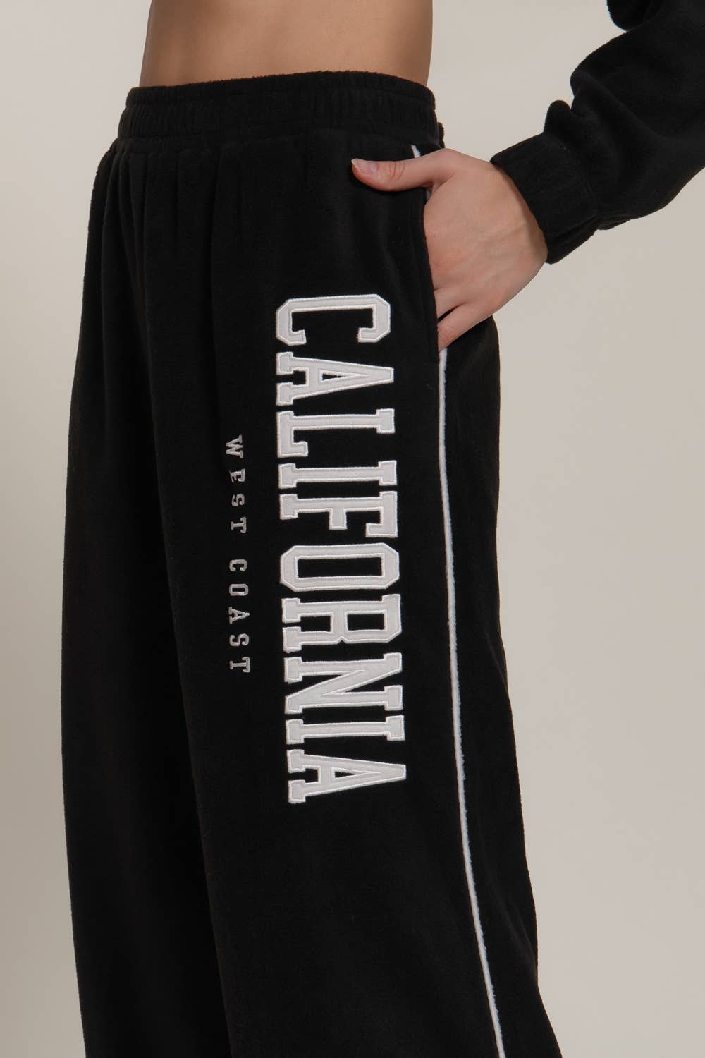 Wide Leg Piping Detail Fleece Pants with Embroidery