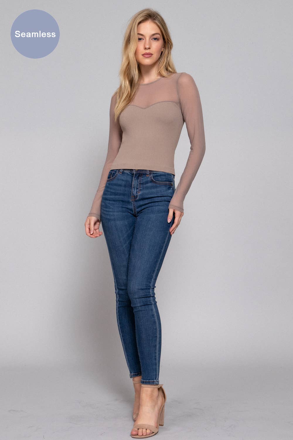 Long Sleeve Round Neck Mesh Combination Seamless Top