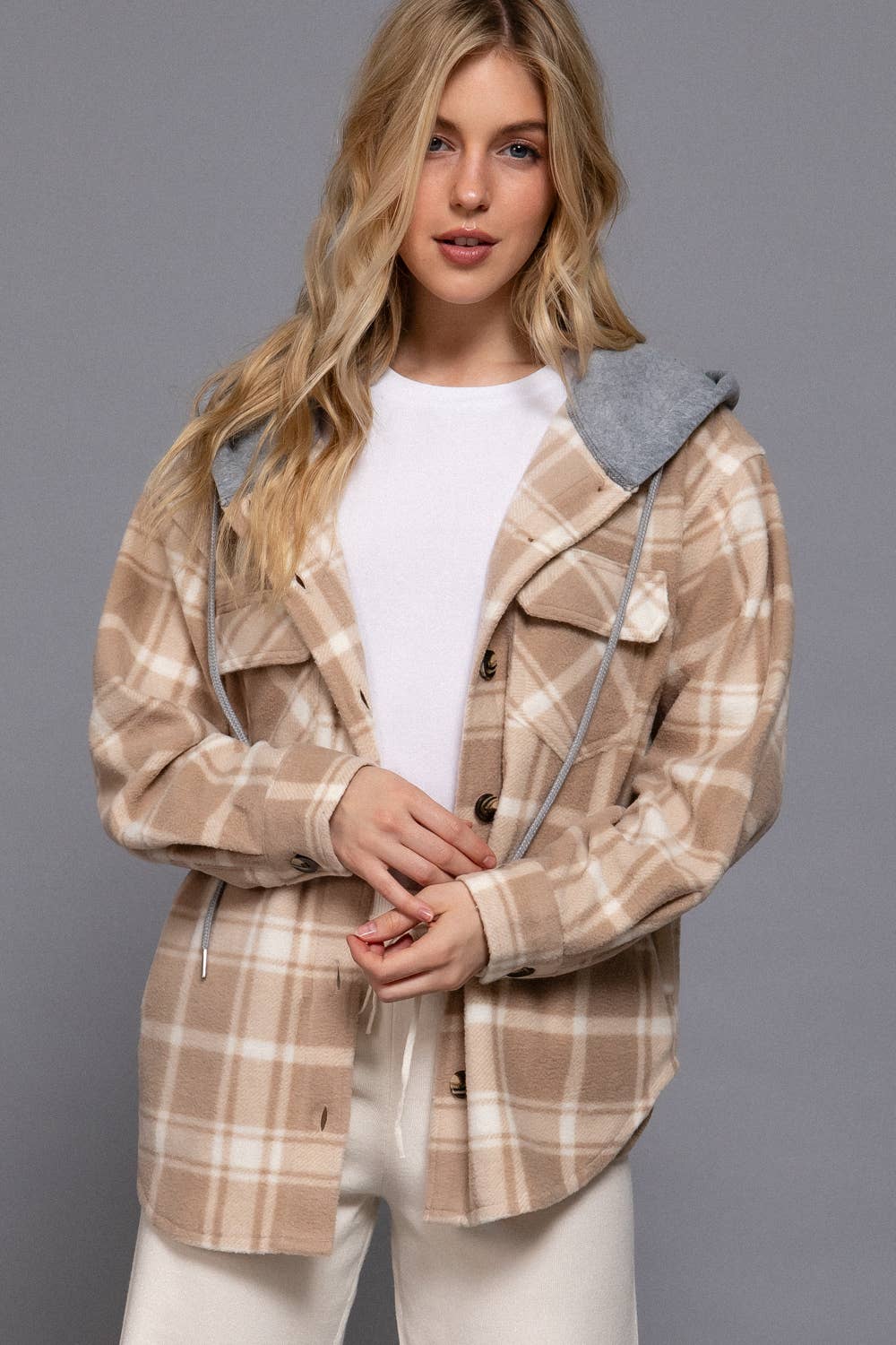 Long Sleeve Plaid Button Down with Hoodie Fleece Jacket