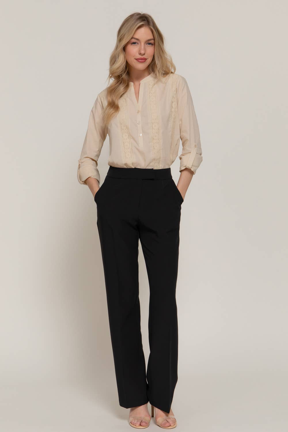 Long Sleeve Lace Panel Woven Blouse