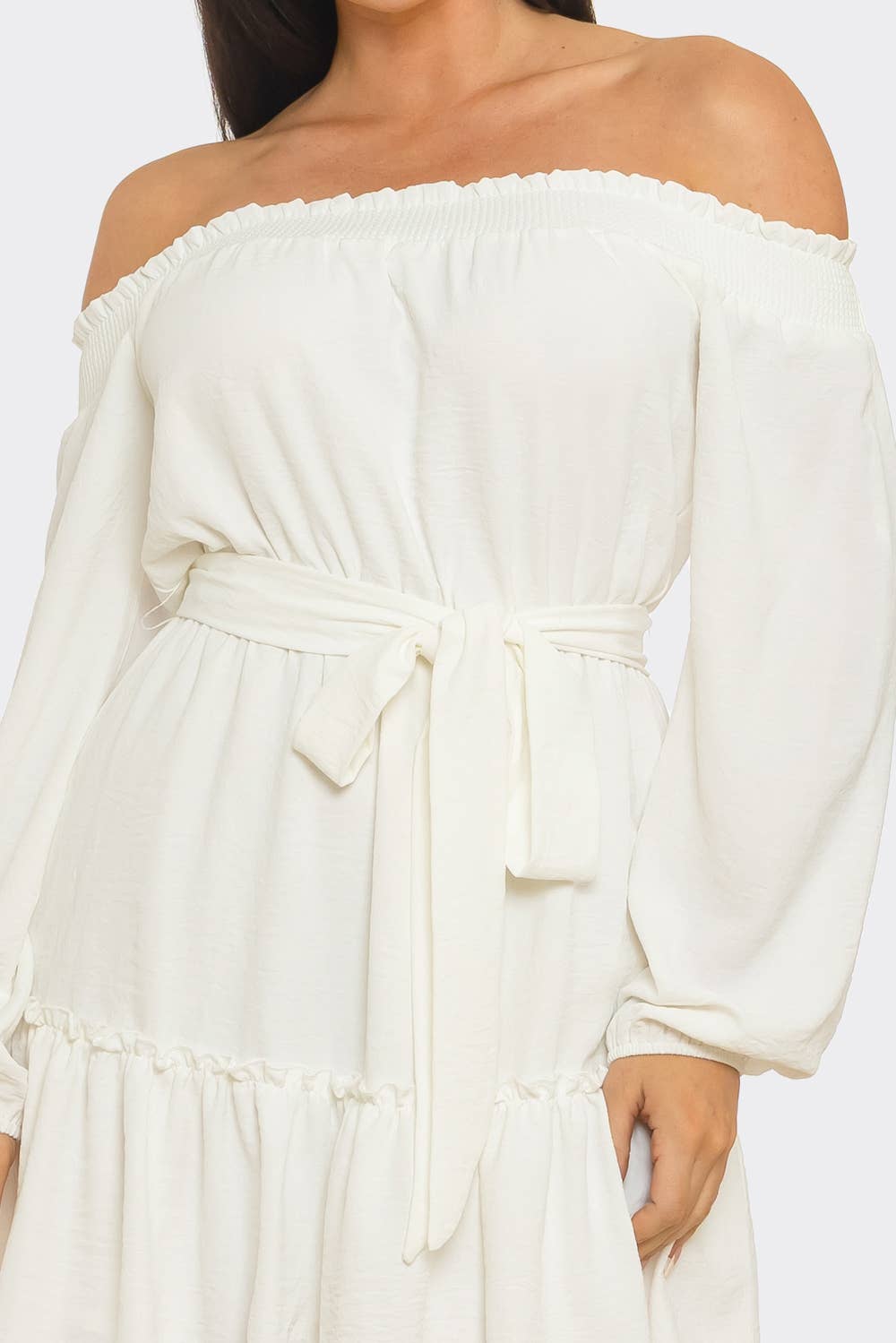 Elastic Shirring Off Shoulder Waist Belt Tie Dress