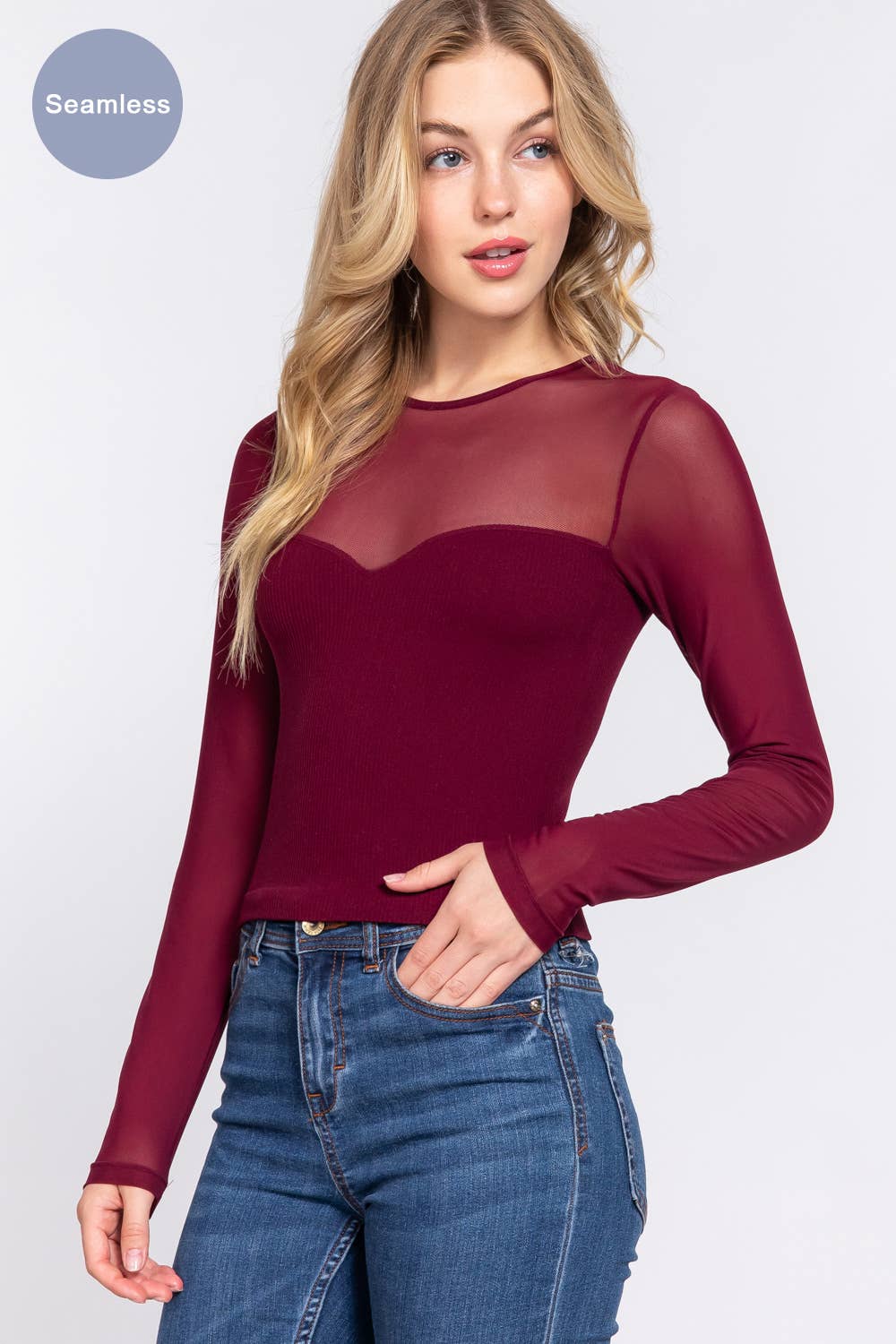 Long Sleeve Round Neck Mesh Combination Seamless Top