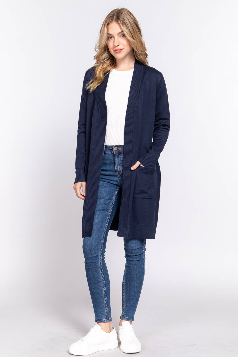 Long Sleeve Rib Banded Open Tunic Sweater Cardigan
