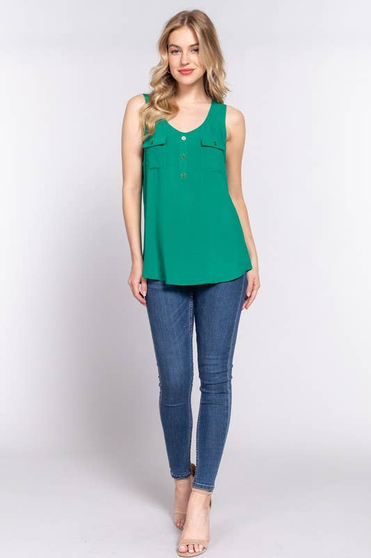 Sleeveless Scoop Neck Buttoned Pocket Woven Top