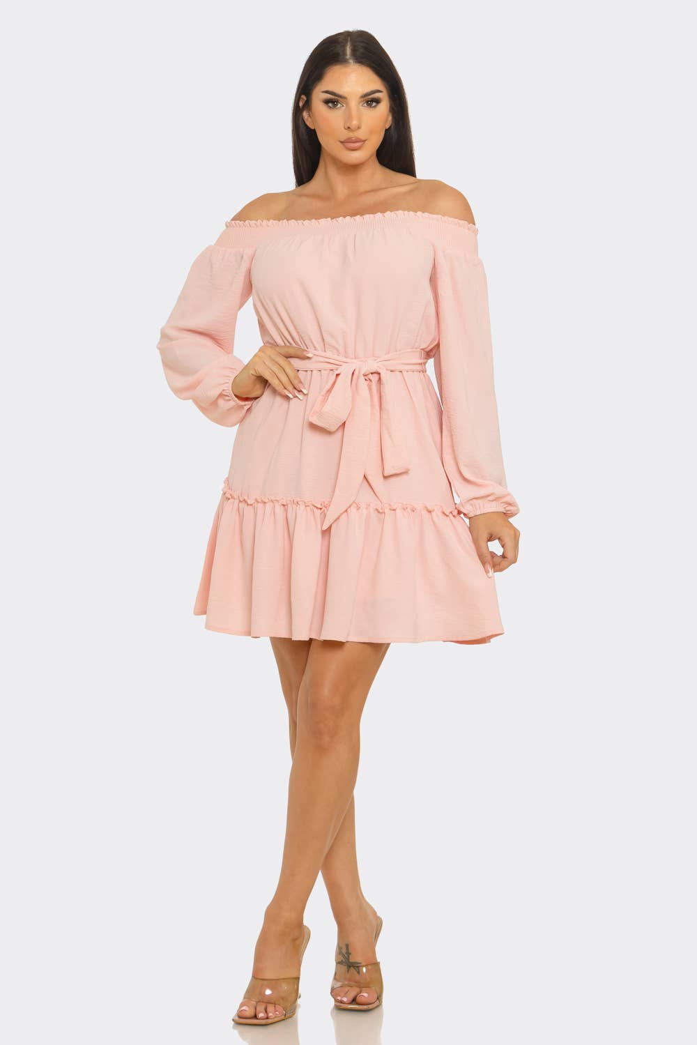 Elastic Shirring Off Shoulder Waist Belt Tie Dress