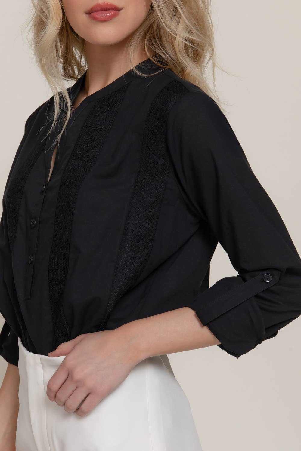Long Sleeve Lace Panel Woven Blouse