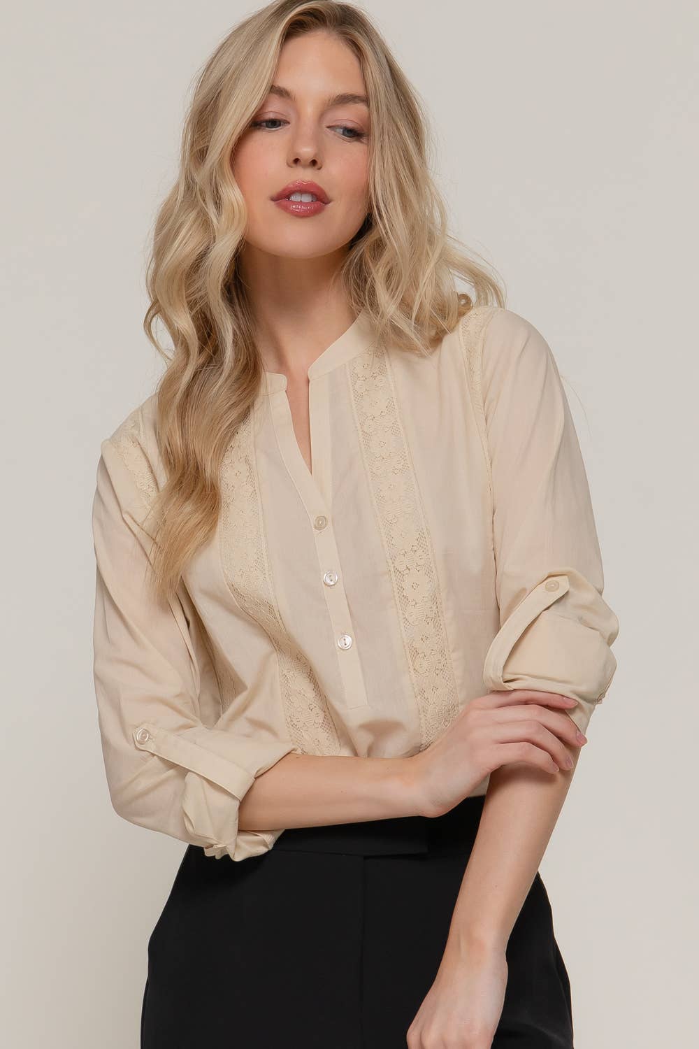 Long Sleeve Lace Panel Woven Blouse