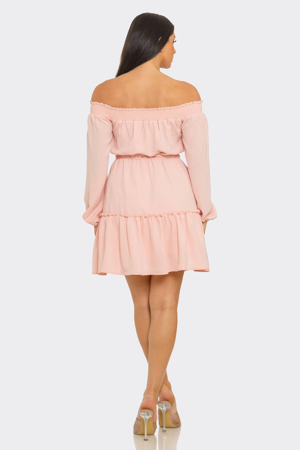 Elastic Shirring Off Shoulder Waist Belt Tie Dress