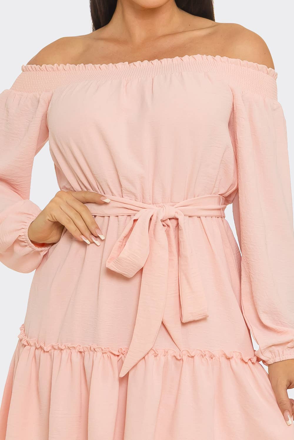 Elastic Shirring Off Shoulder Waist Belt Tie Dress