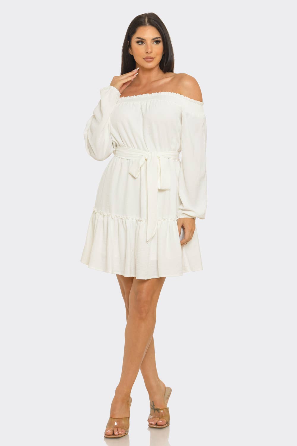 Elastic Shirring Off Shoulder Waist Belt Tie Dress