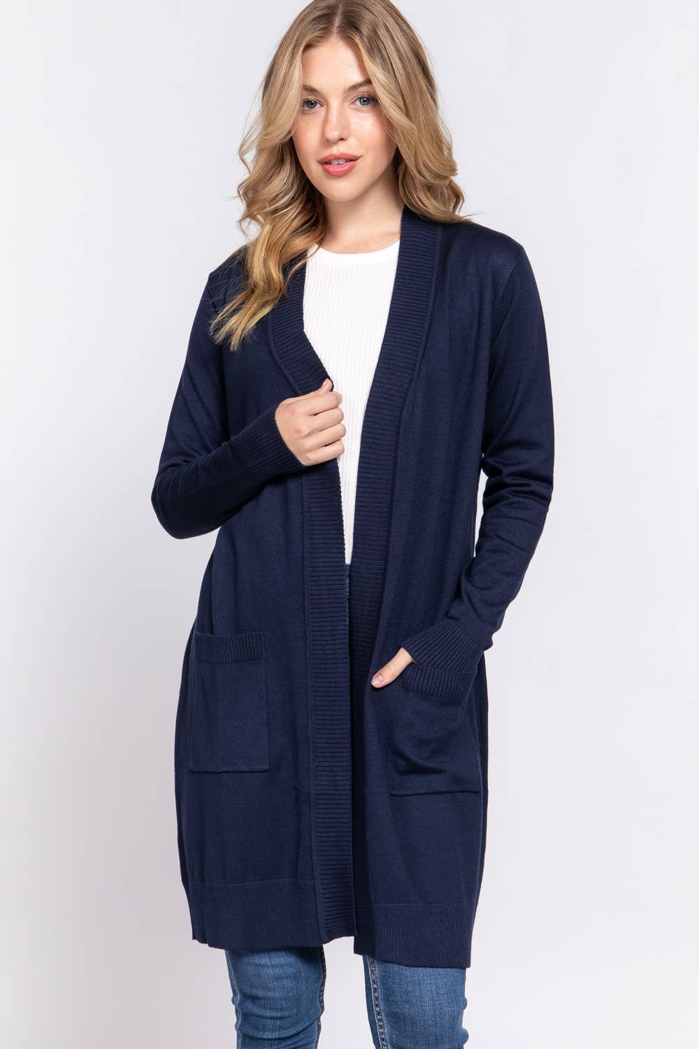 Long Sleeve Rib Banded Open Tunic Sweater Cardigan