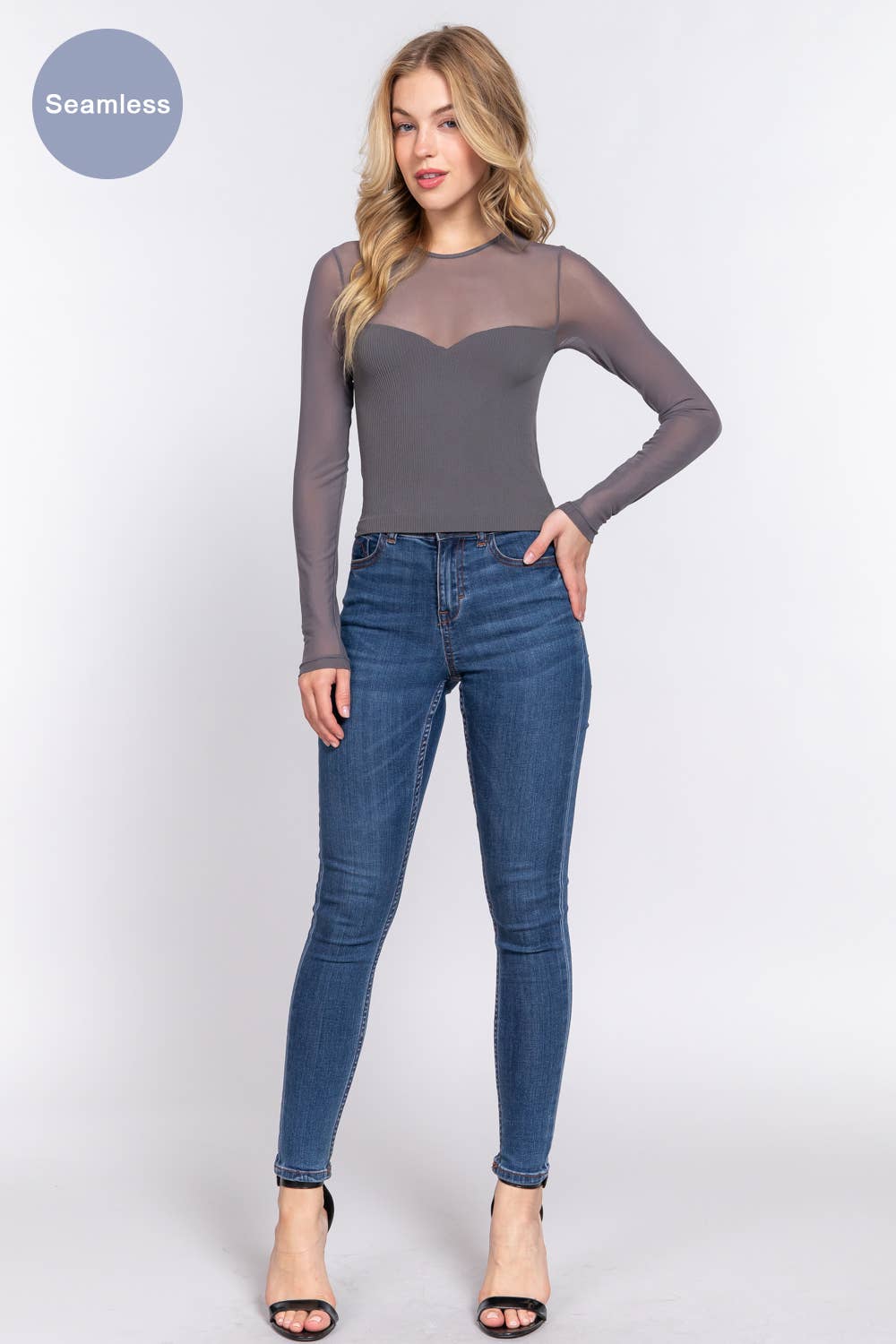 Long Sleeve Round Neck Mesh Combination Seamless Top