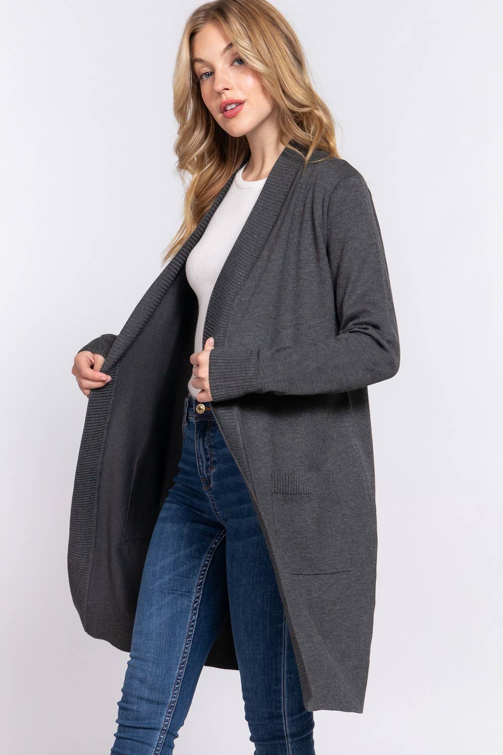 Long Sleeve Rib Banded Open Tunic Sweater Cardigan