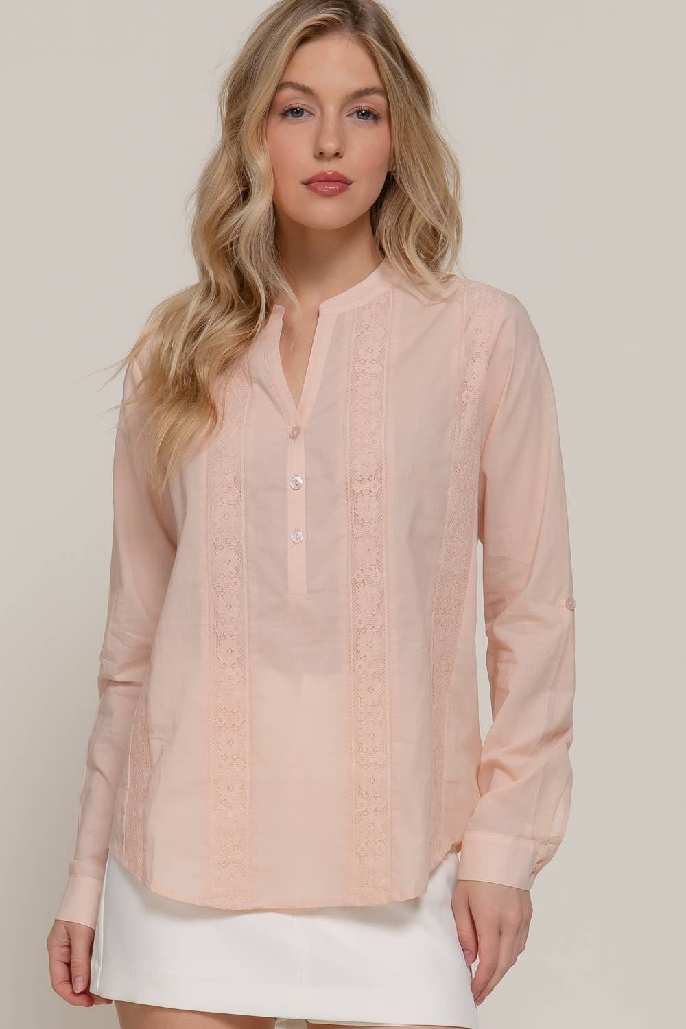 Long Sleeve Lace Panel Woven Blouse