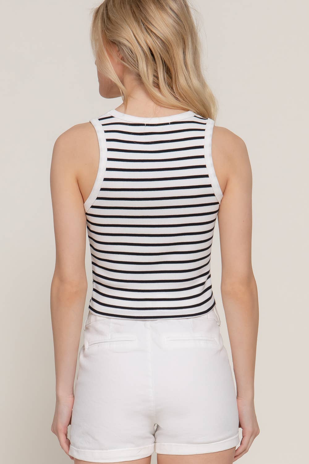 Sleeveless Round Neck Stripe Cotton Rib Knit Top