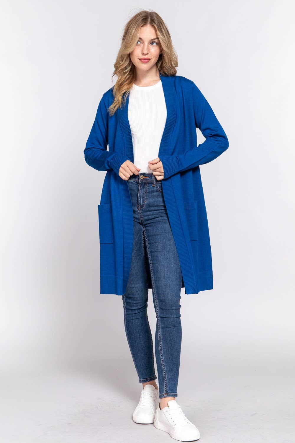 Long Sleeve Rib Banded Open Tunic Sweater Cardigan