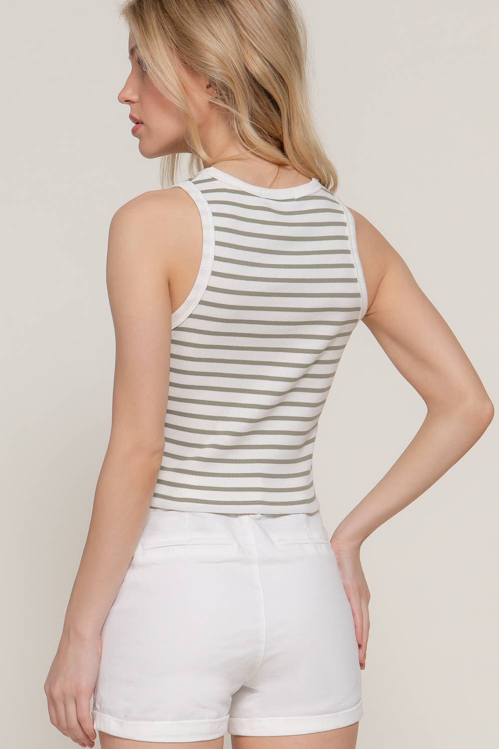 Sleeveless Round Neck Stripe Cotton Rib Knit Top