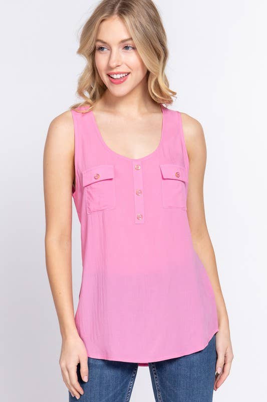 Sleeveless Scoop Neck Buttoned Pocket Woven Top