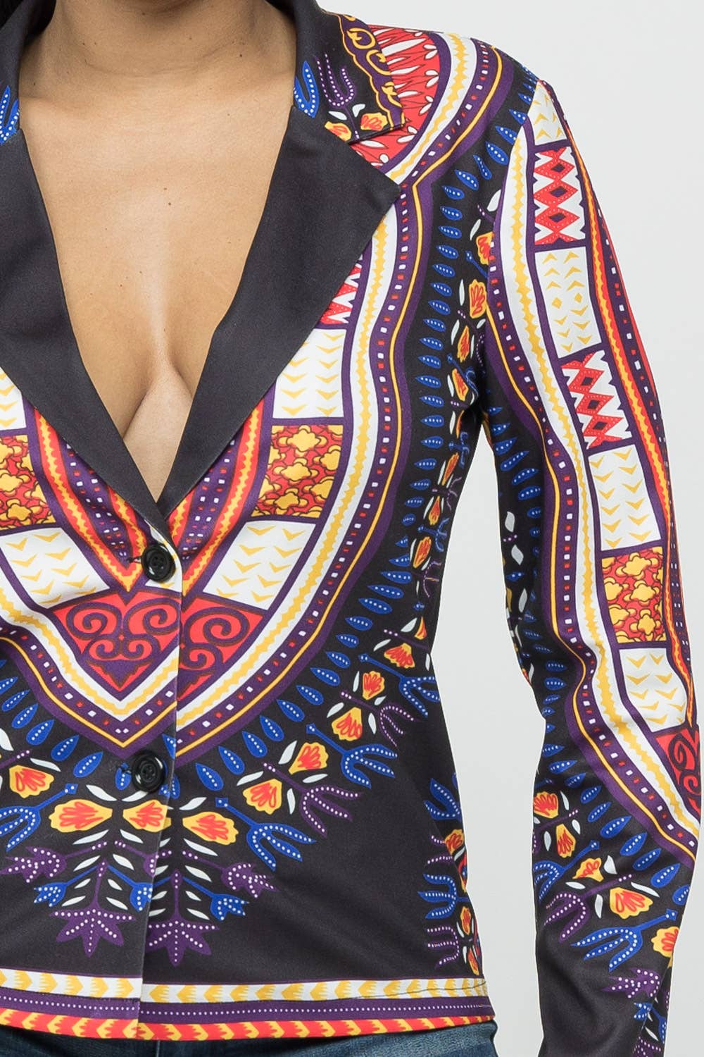 Dashiki Print Functional Button Collared Blazer