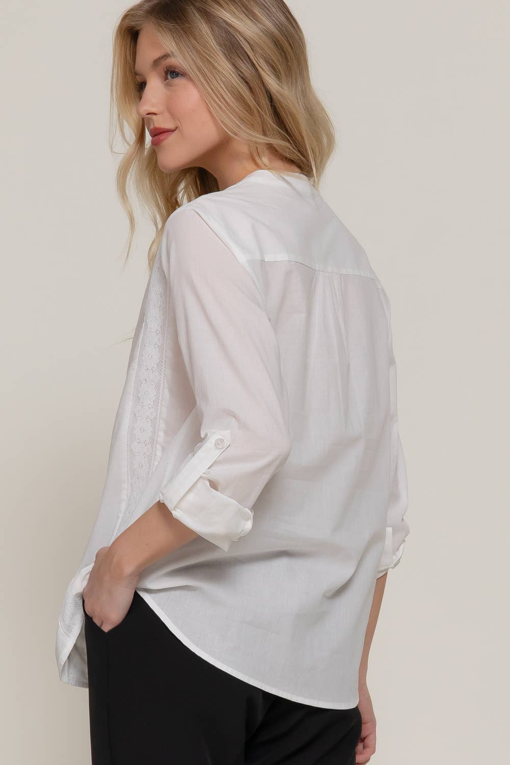 Long Sleeve Lace Panel Woven Blouse