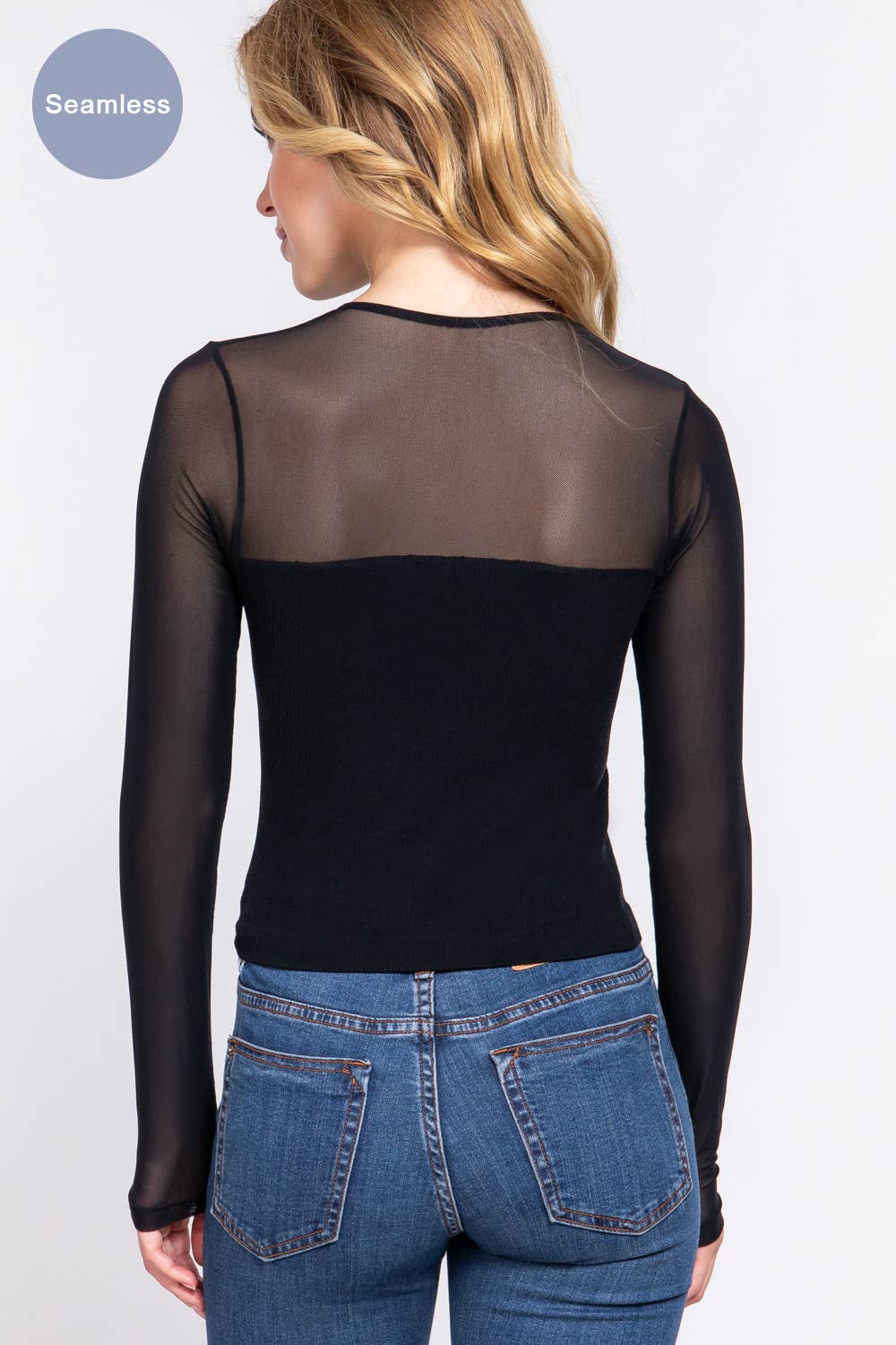 Long Sleeve Round Neck Mesh Combination Seamless Top
