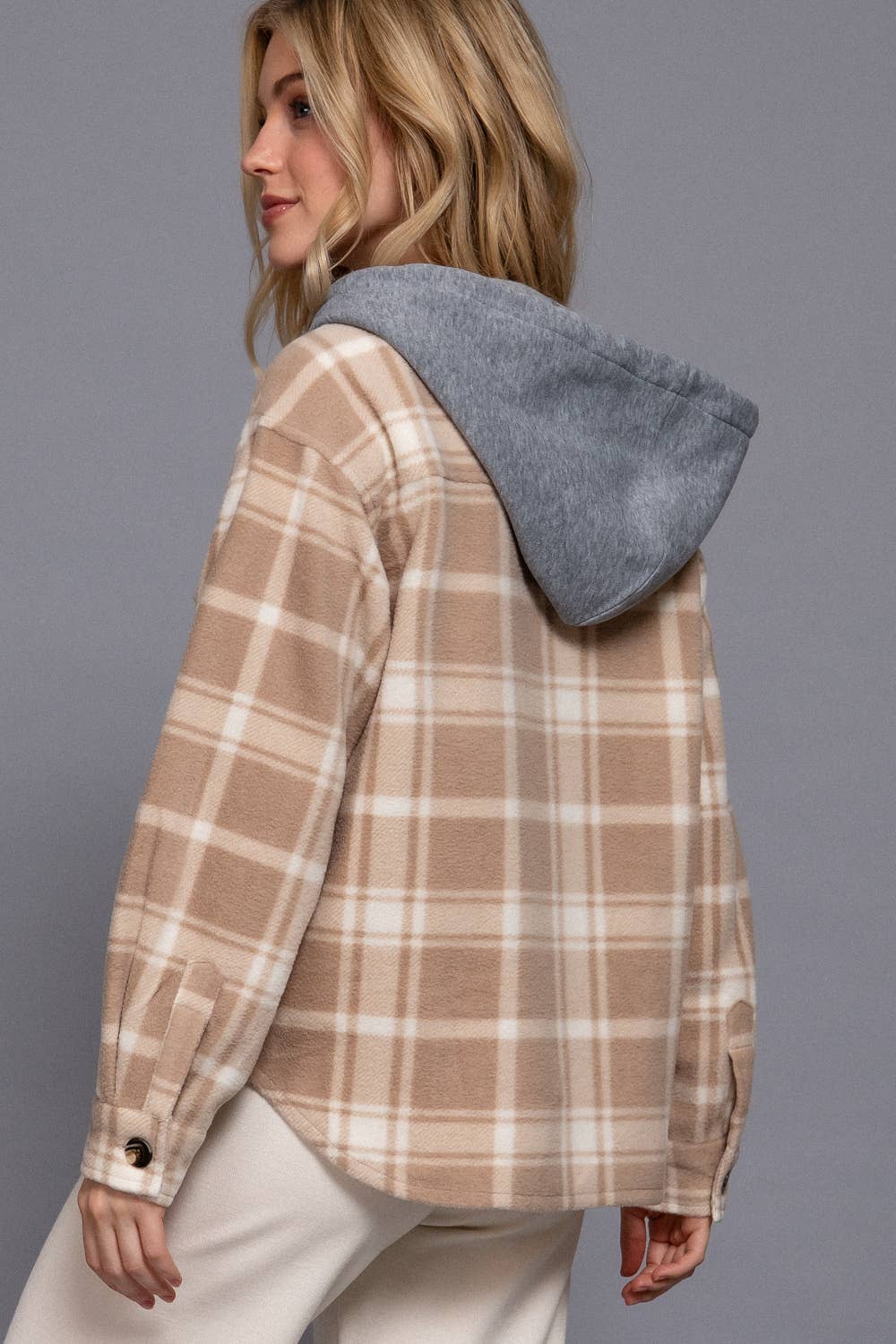Long Sleeve Plaid Button Down with Hoodie Fleece Jacket