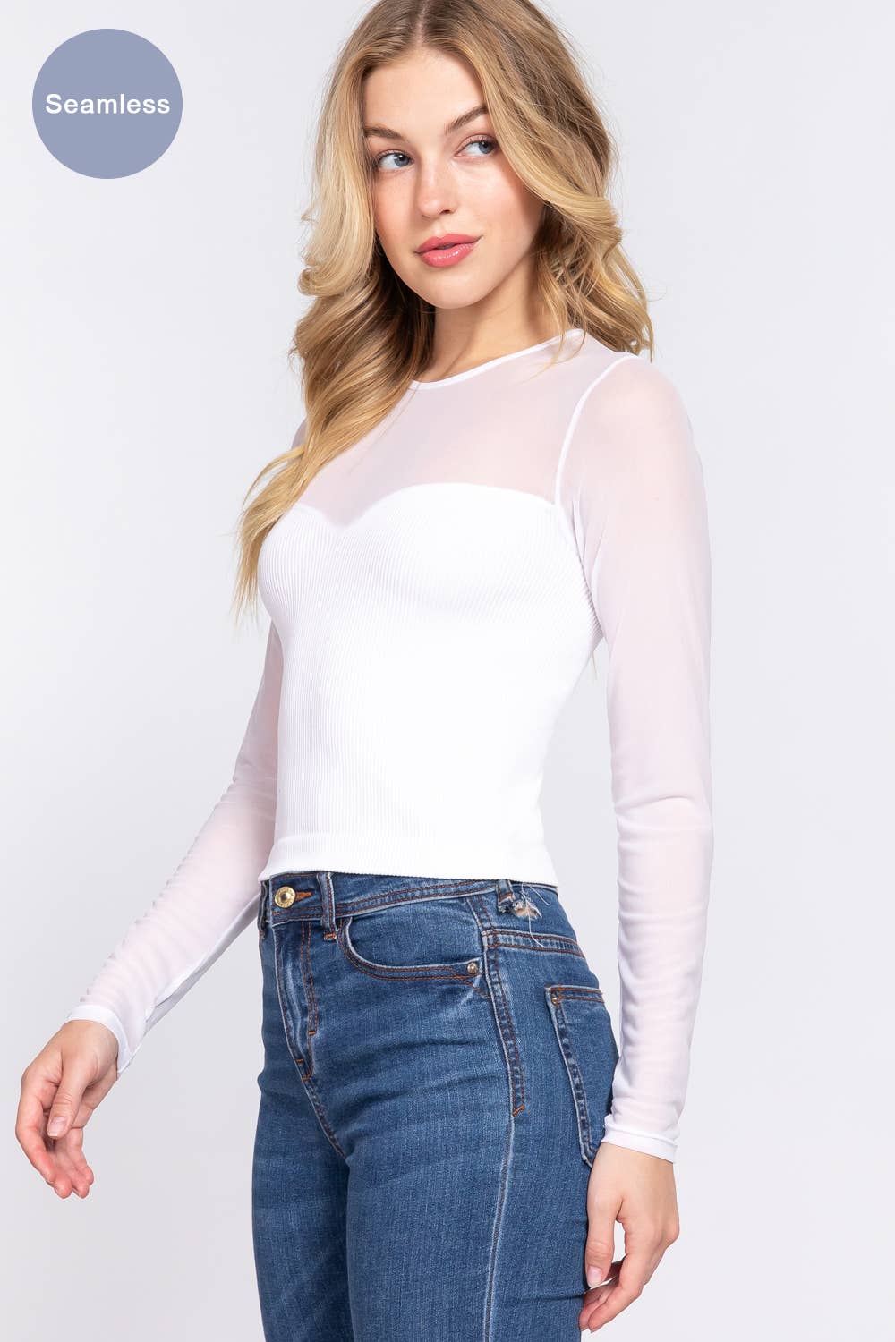 Long Sleeve Round Neck Mesh Combination Seamless Top