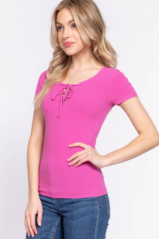 Short Sleeve Round Neck With Lace up Detail Rayon