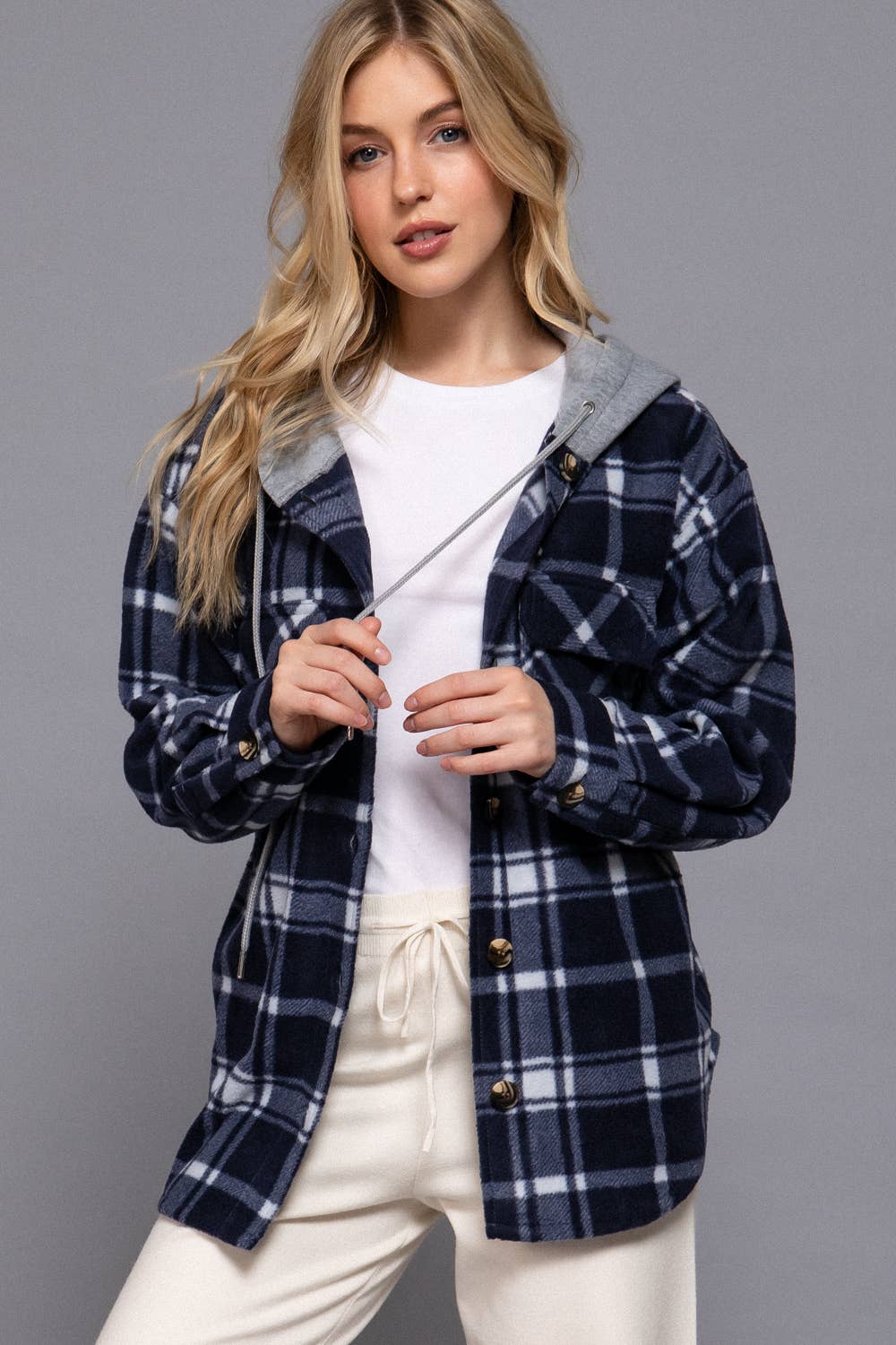Long Sleeve Plaid Button Down with Hoodie Fleece Jacket