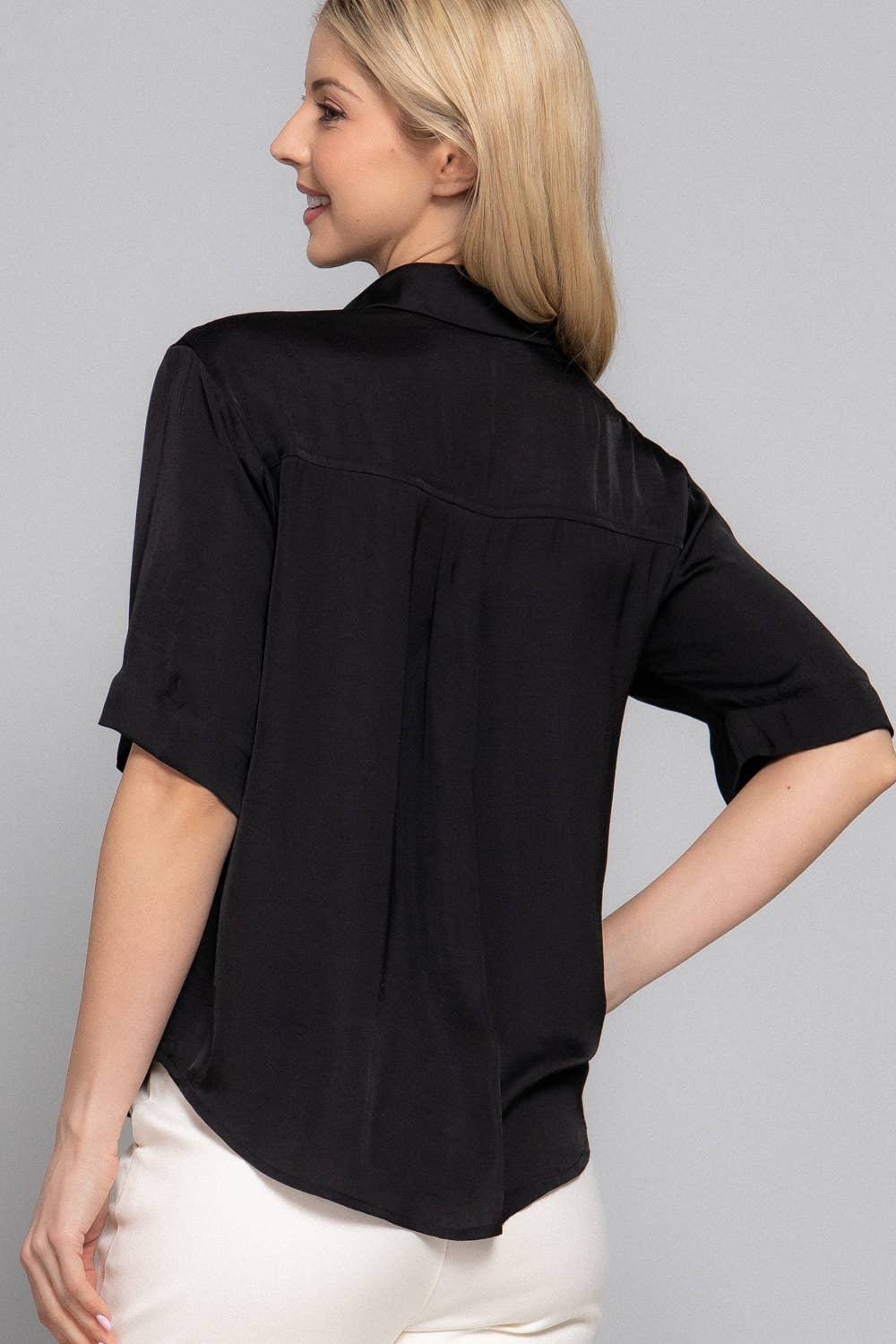 Short Sleeve Button Down Washed Dull Satin Shirt