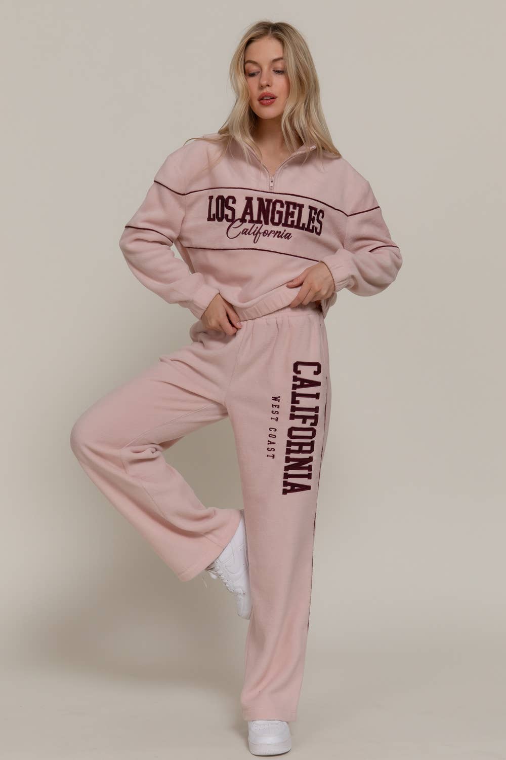 Wide Leg Piping Detail Fleece Pants with Embroidery