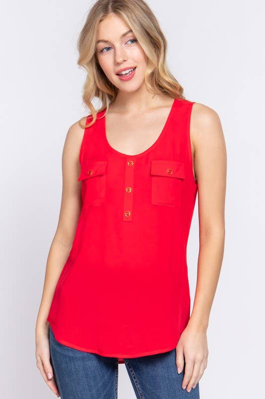 Sleeveless Scoop Neck Buttoned Pocket Woven Top