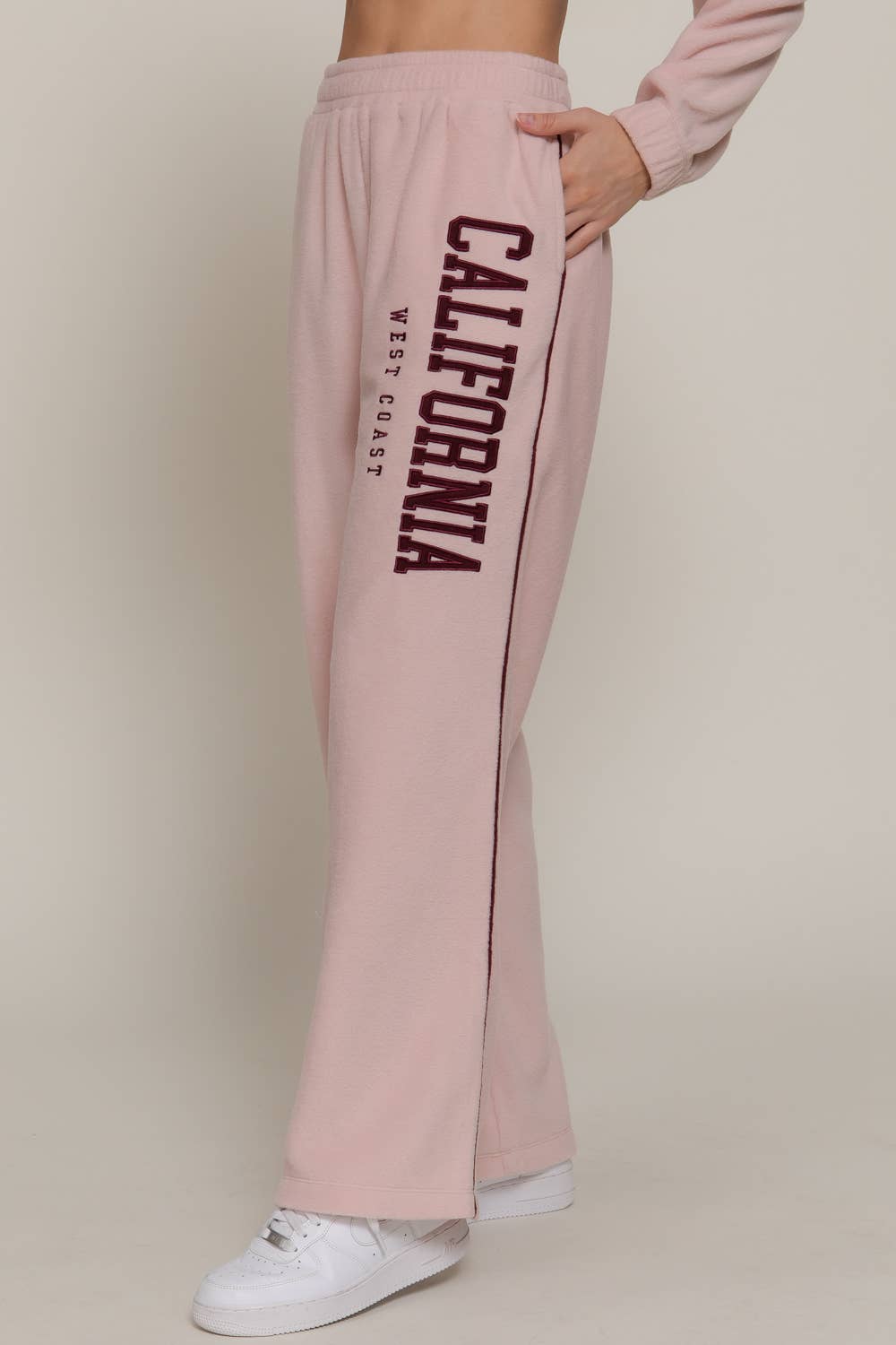 Wide Leg Piping Detail Fleece Pants with Embroidery