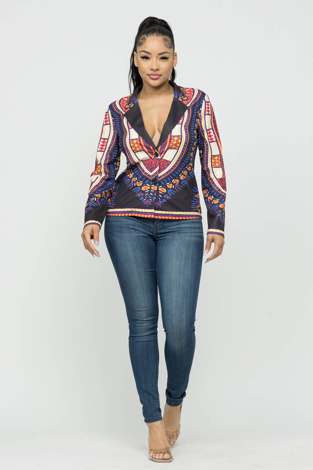 Dashiki Print Functional Button Collared Blazer