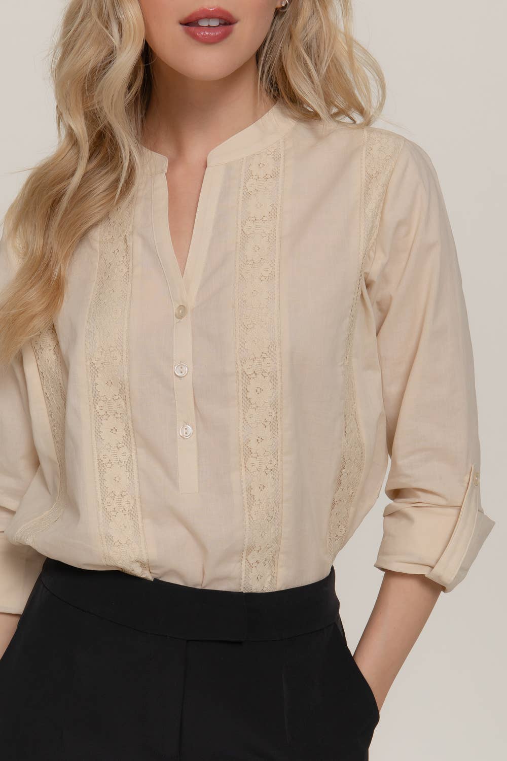 Long Sleeve Lace Panel Woven Blouse