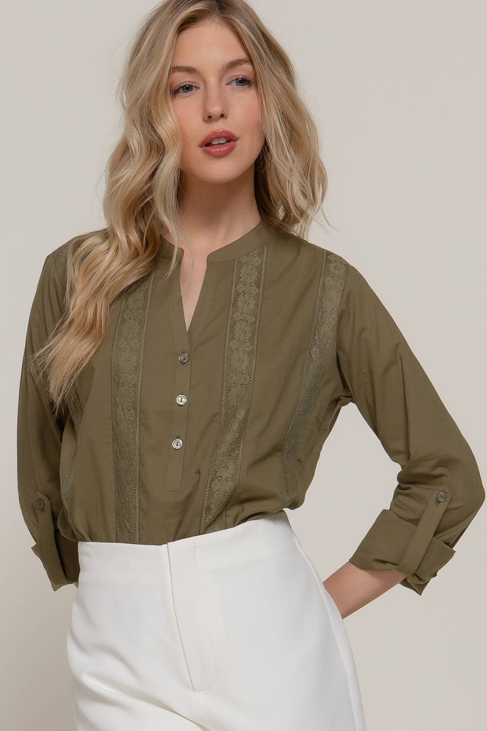 Long Sleeve Lace Panel Woven Blouse
