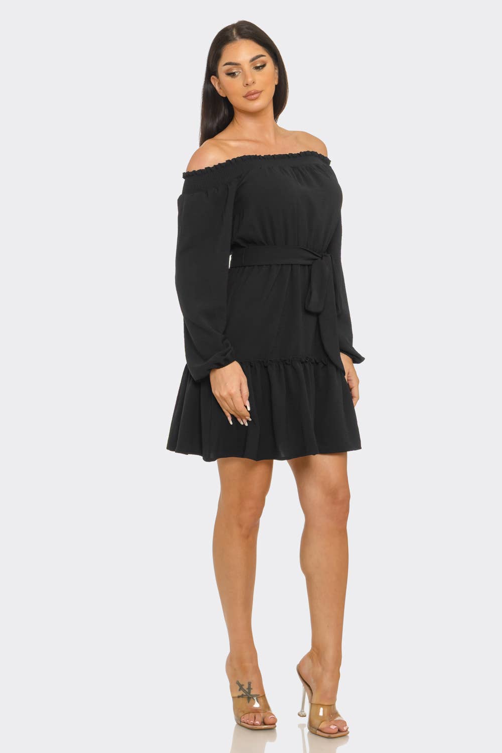 Elastic Shirring Off Shoulder Waist Belt Tie Dress