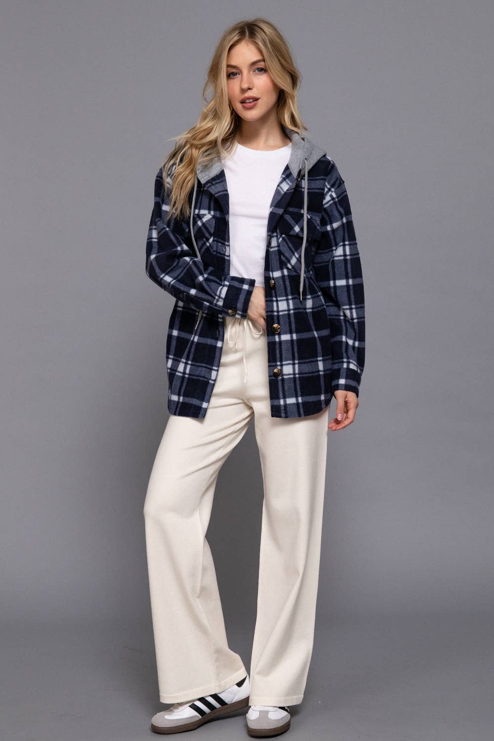 Long Sleeve Plaid Button Down with Hoodie Fleece Jacket