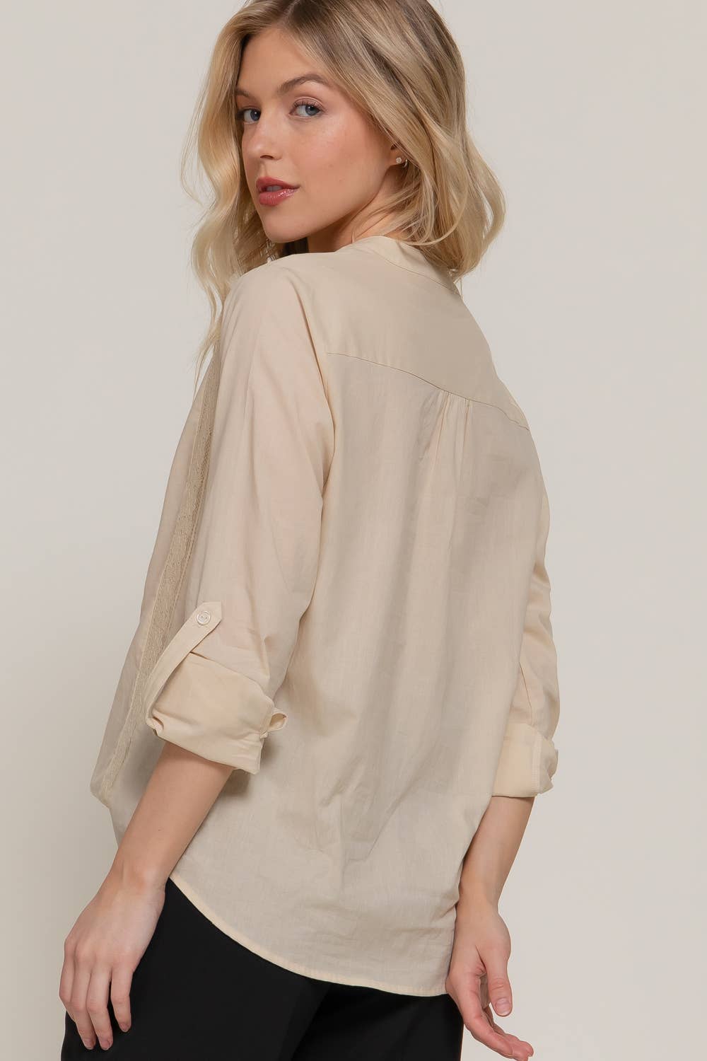 Long Sleeve Lace Panel Woven Blouse