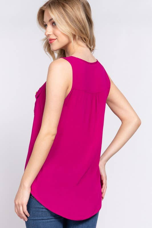 Sleeveless Scoop Neck Buttoned Pocket Woven Top