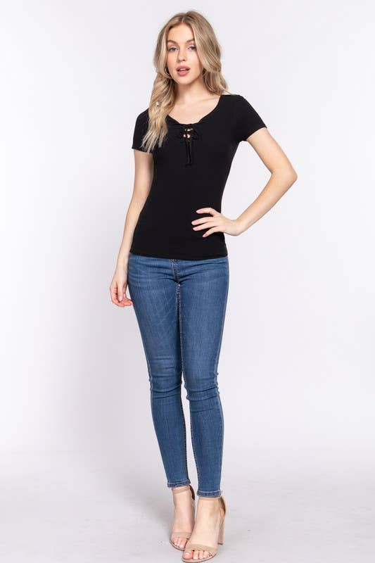 Short Sleeve Round Neck With Lace up Detail Rayon
