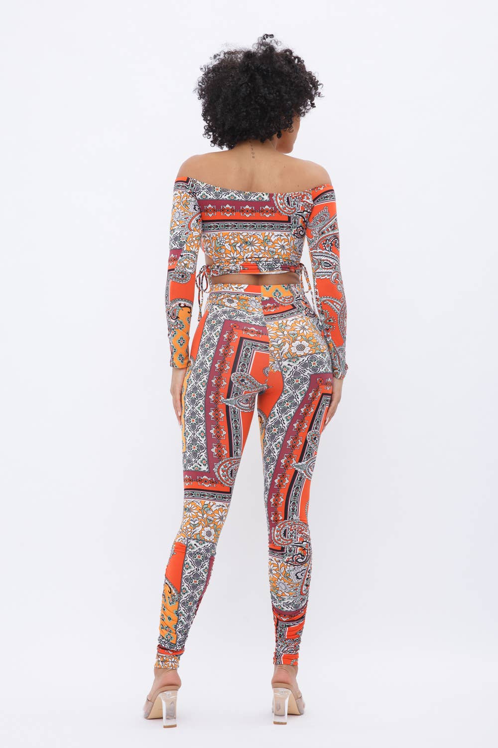 Off Shoulder Open Side Tie Long Sleeve Crop Top Leggings Set