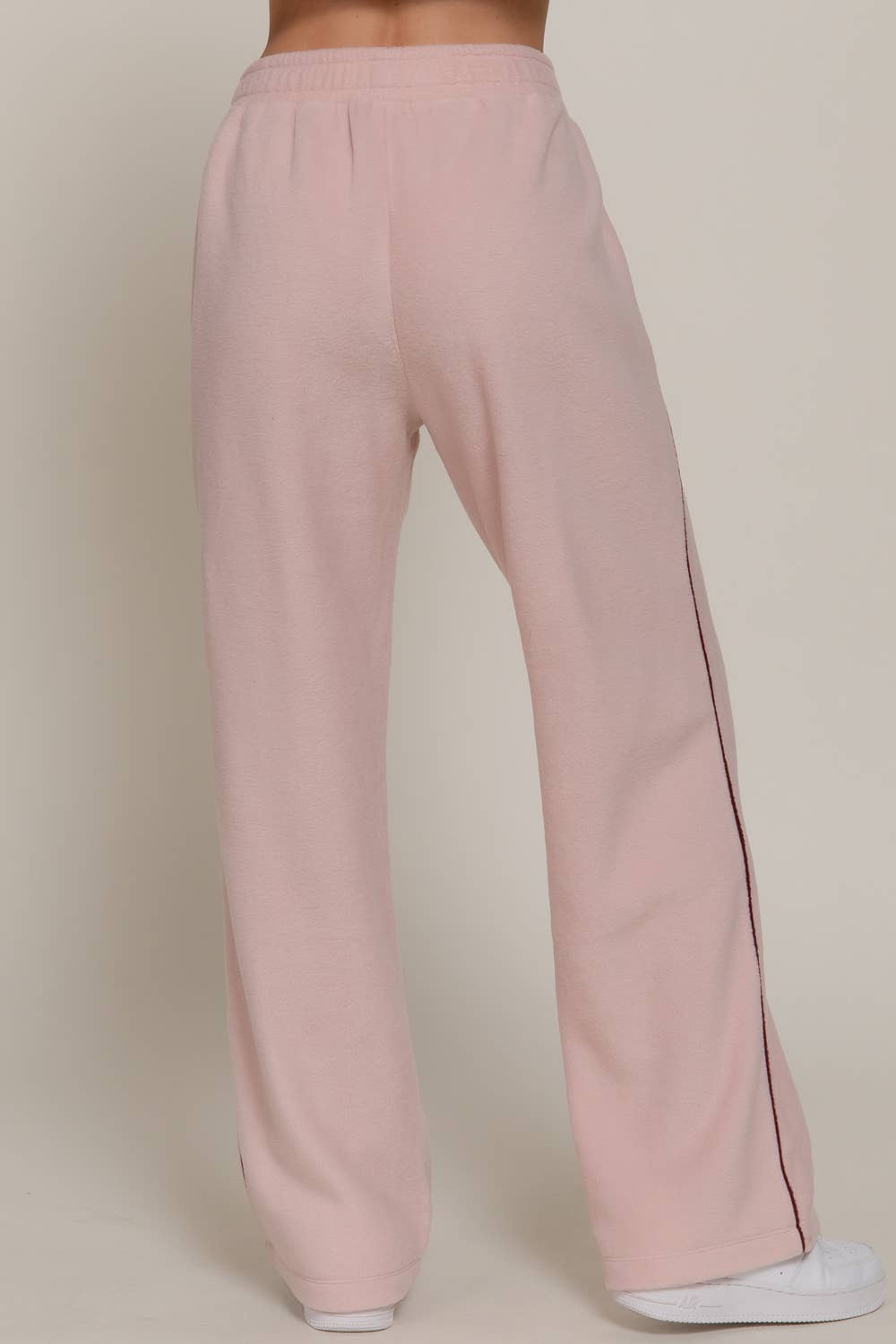 Wide Leg Piping Detail Fleece Pants with Embroidery