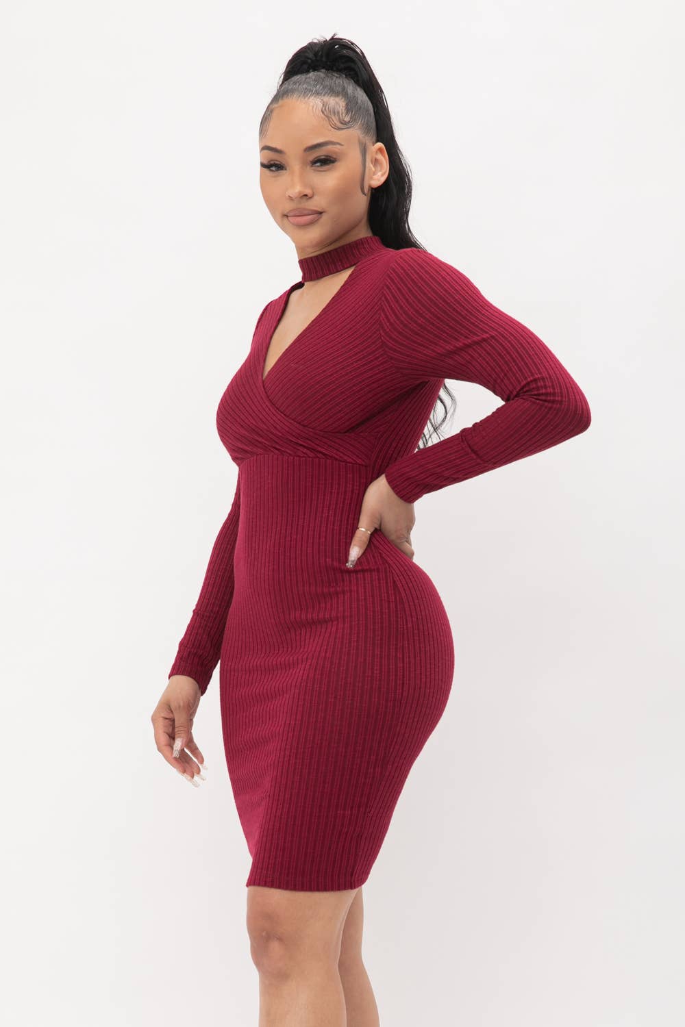 Choker Neck Long Sleeve Surplus Midi Dress