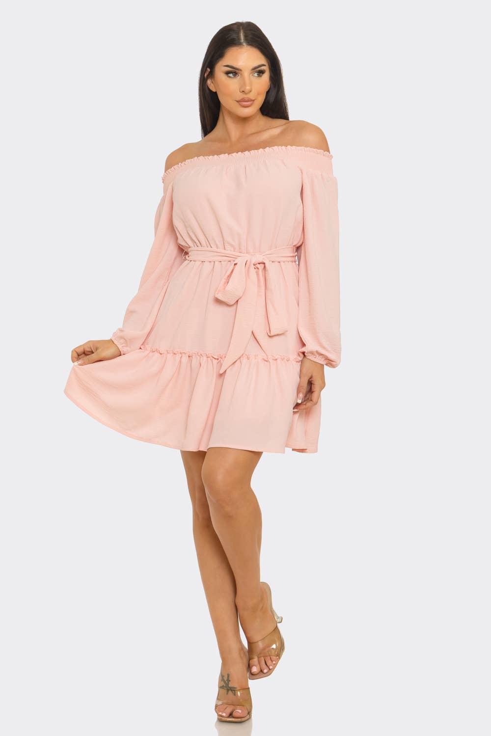 Elastic Shirring Off Shoulder Waist Belt Tie Dress