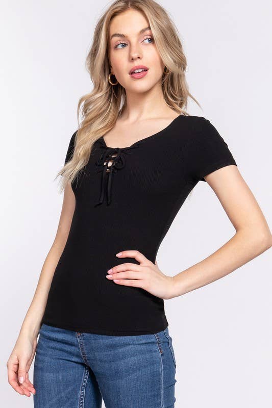 Short Sleeve Round Neck With Lace up Detail Rayon