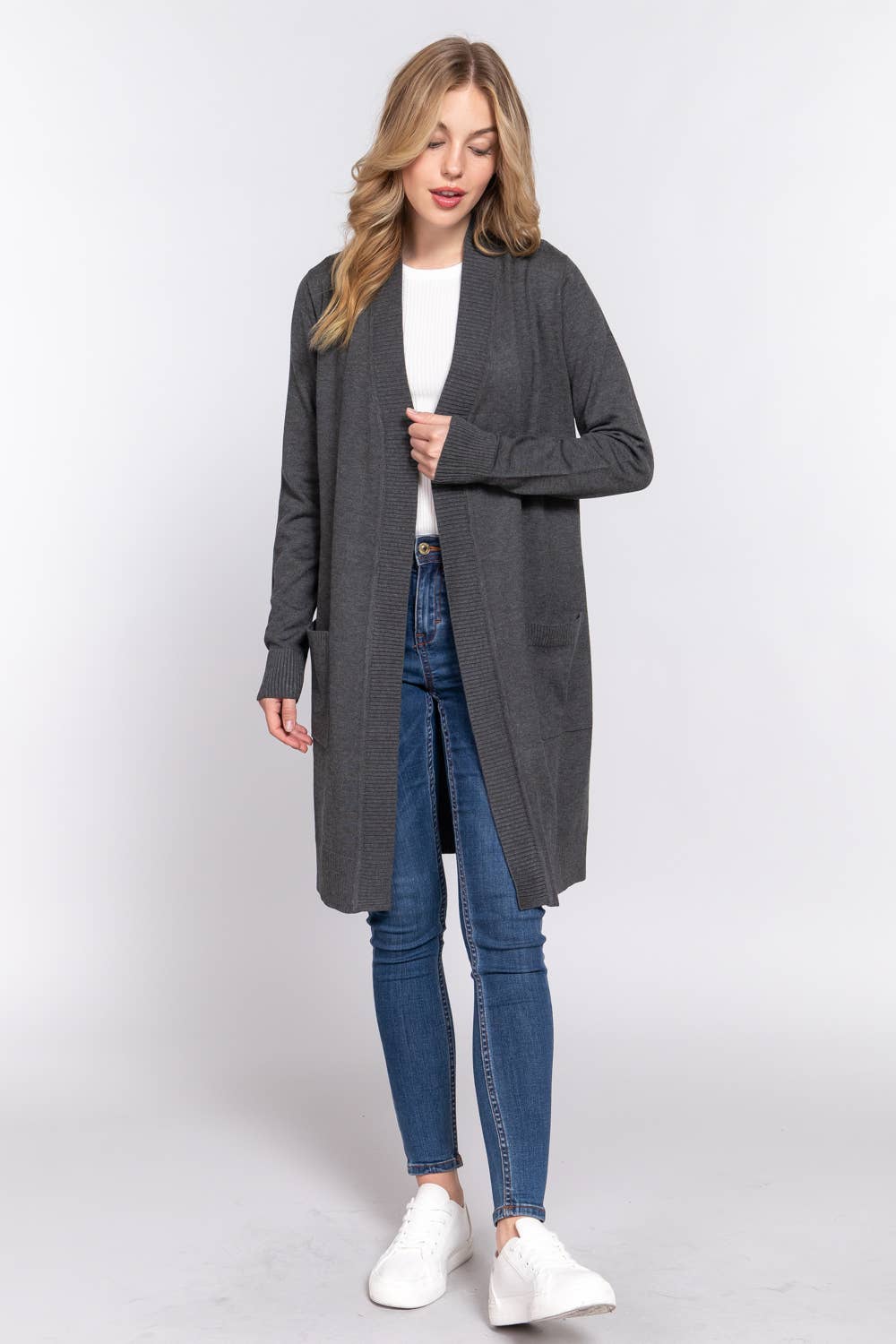 Long Sleeve Rib Banded Open Tunic Sweater Cardigan