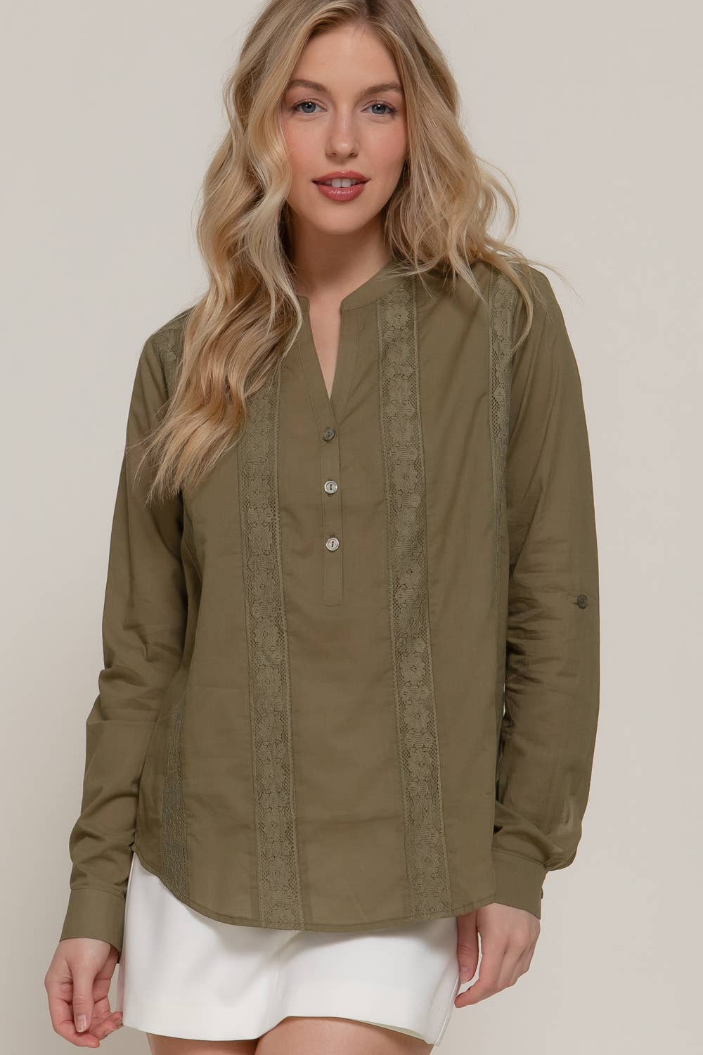 Long Sleeve Lace Panel Woven Blouse
